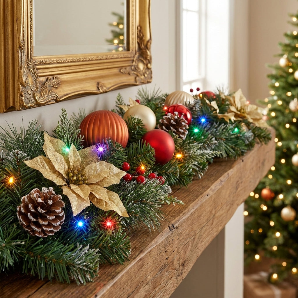 Christabelle 2.74m Timeless Elegance Christmas Garland Pre Lit Multi Function LED Gold Red Baubles Pine Cones Timer Home