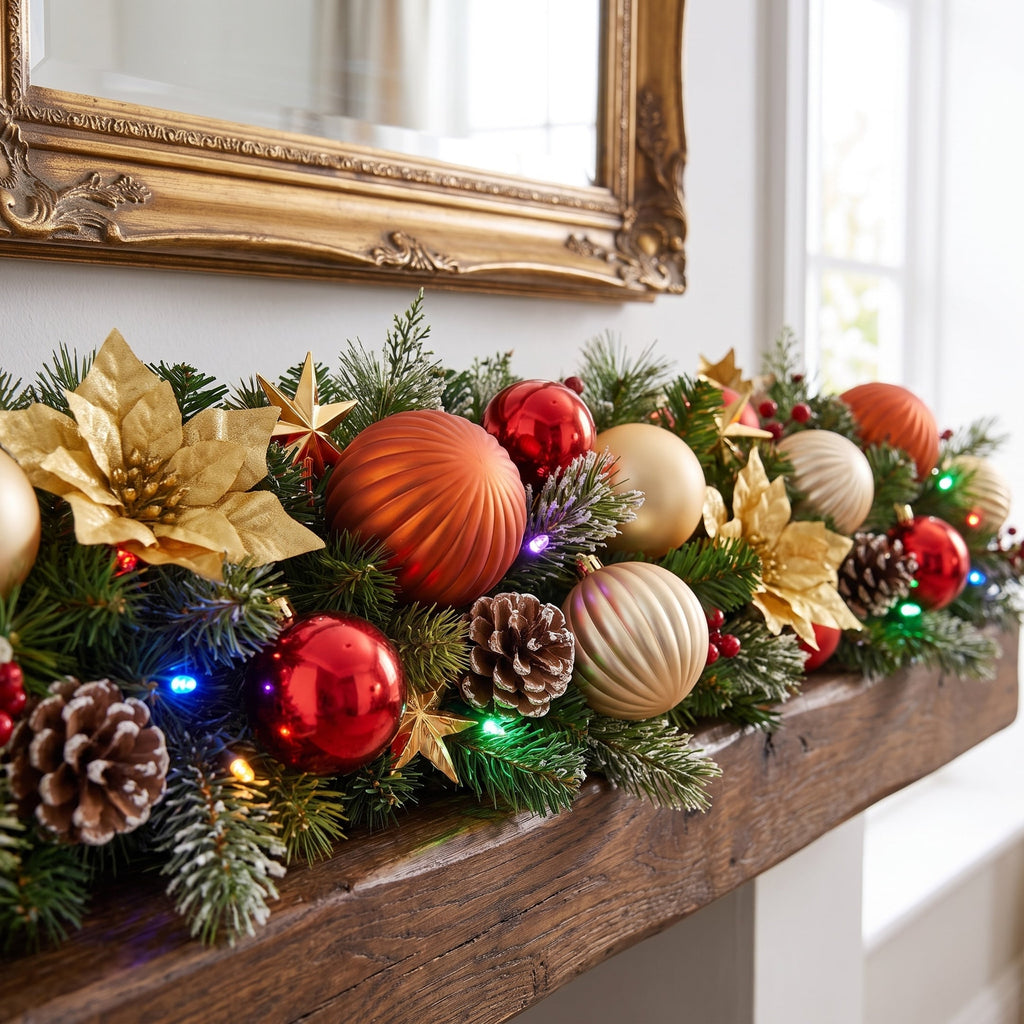 Christabelle 2.74m Timeless Elegance Christmas Garland Pre Lit Multi Function LED Gold Red Baubles Pine Cones Timer Home