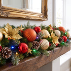 Christabelle 2.74m Timeless Elegance Christmas Garland Pre Lit Multi Function LED Gold Red Baubles Pine Cones Timer Home