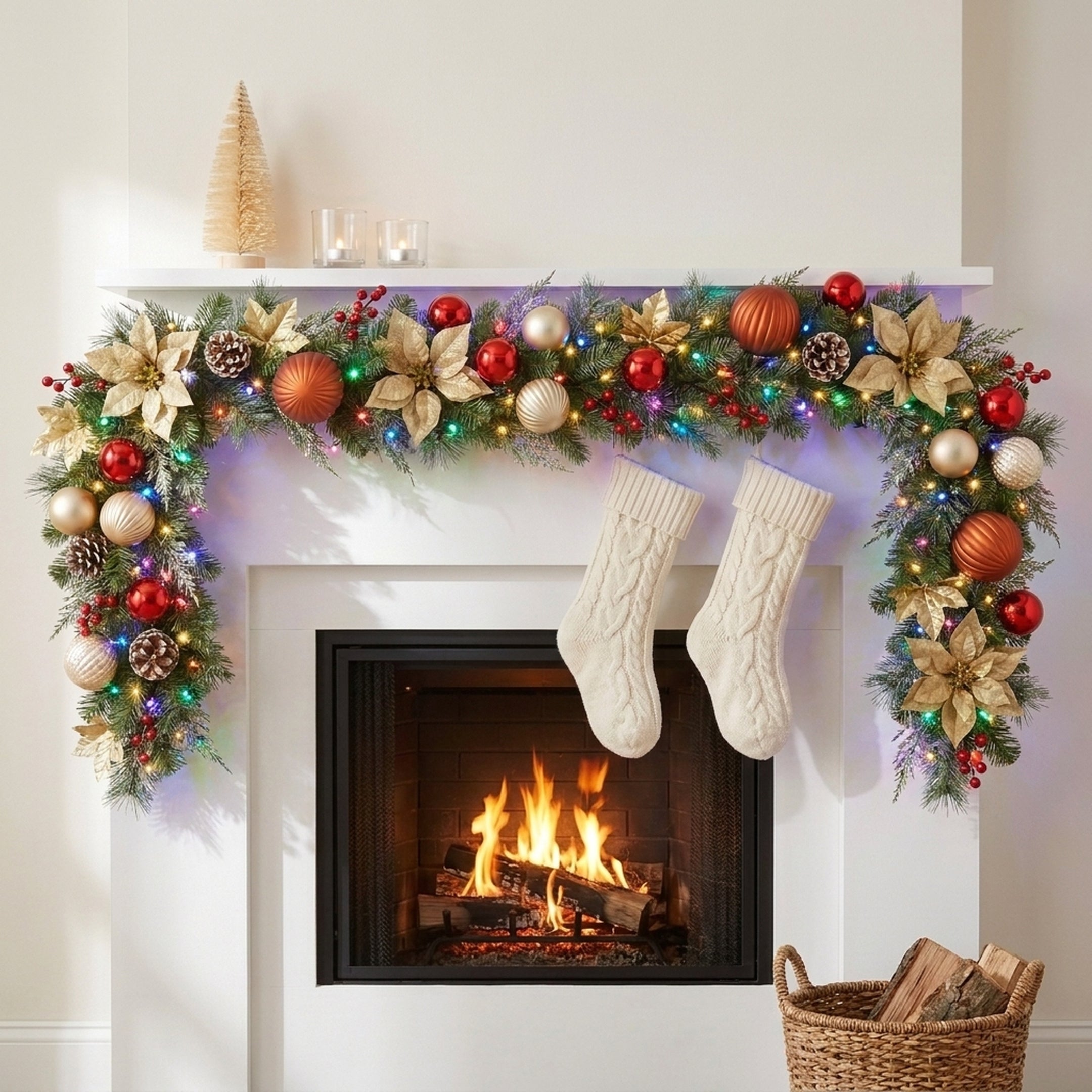 Christabelle 2.74m Timeless Elegance Christmas Garland Pre Lit Multi Function LED Gold Red Baubles Pine Cones Timer Home
