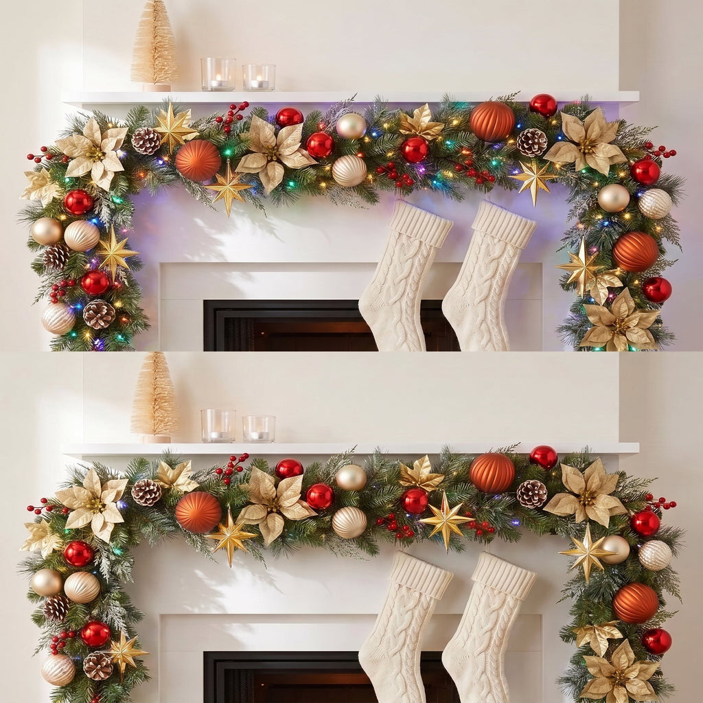 Christabelle 2.74m Timeless Elegance Christmas Garland Pre Lit Multi Function LED Gold Red Baubles Pine Cones Timer Home