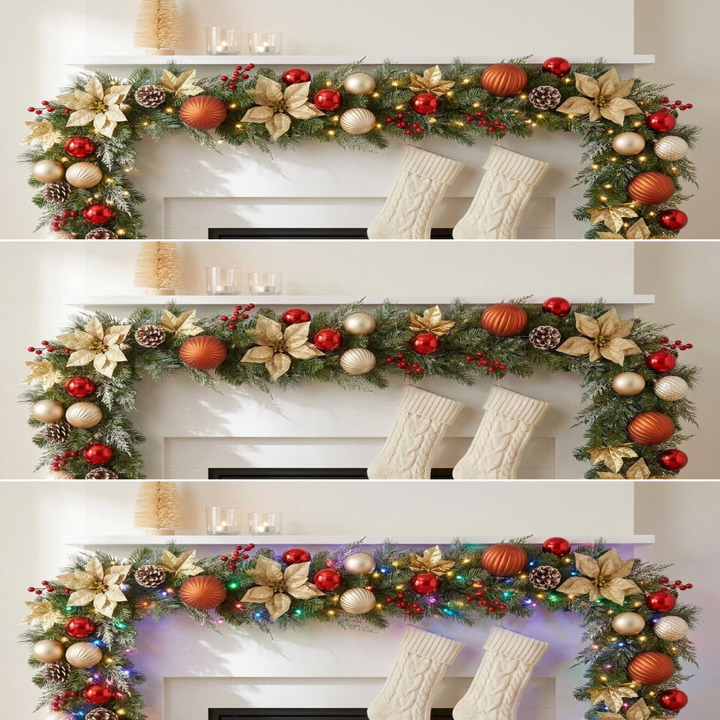 Christabelle 2.74m Timeless Elegance Christmas Garland Pre Lit Multi Function LED Gold Red Baubles Pine Cones Timer Home