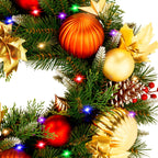 Christabelle 2.74m Timeless Elegance Christmas Garland Pre Lit Multi Function LED Gold Red Baubles Pine Cones Timer Home