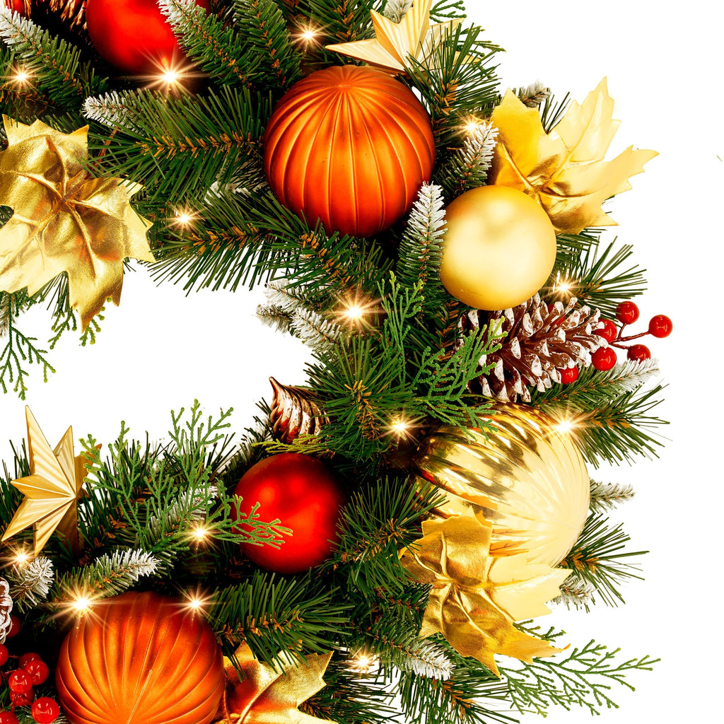 Christabelle 2.74m Timeless Elegance Christmas Garland Pre Lit Multi Function LED Gold Red Baubles Pine Cones Timer Home