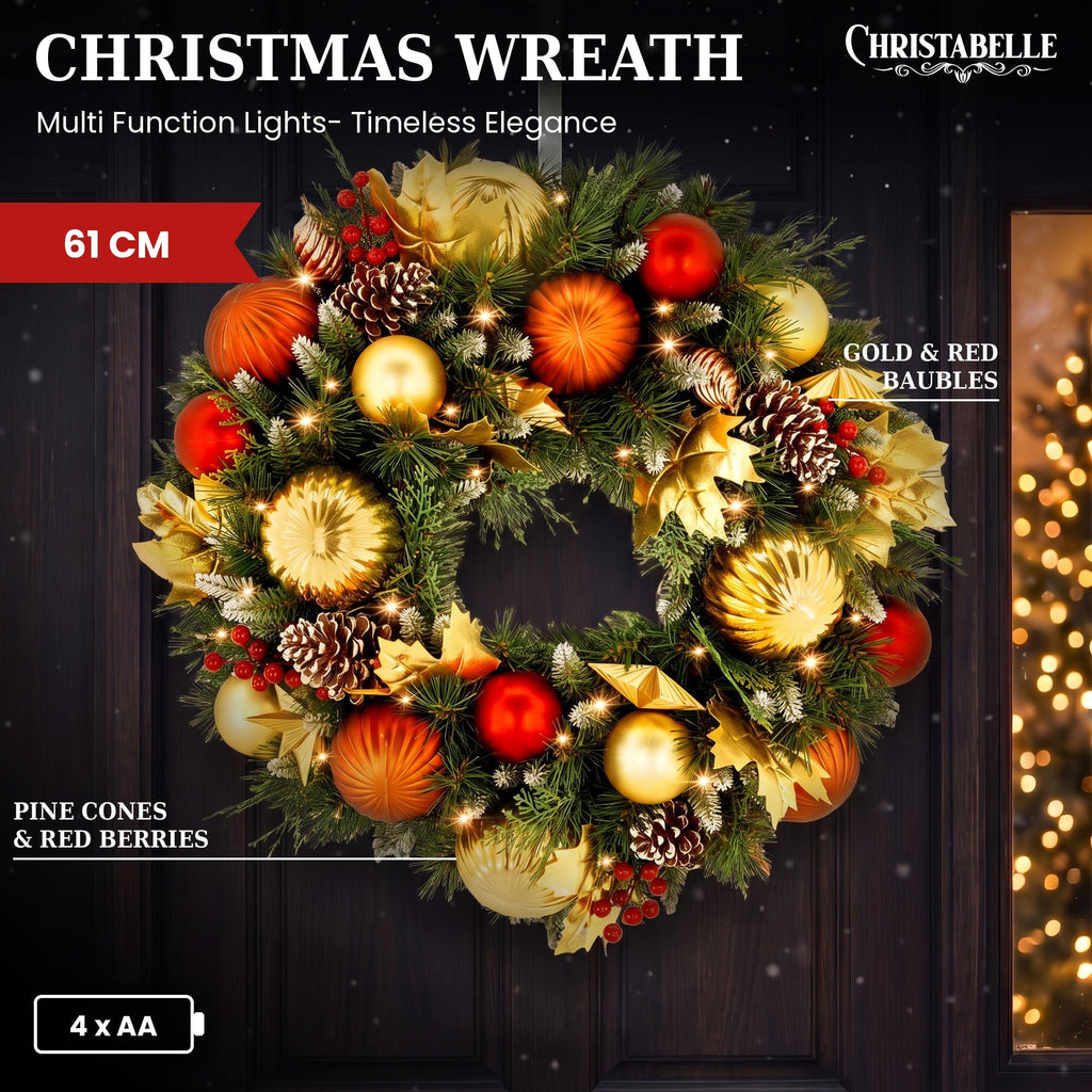 Christabelle 61cm Timeless Elegance Christmas Wreath Pre Lit Multi Function LED Gold Red Baubles Pine Cones Timer Home