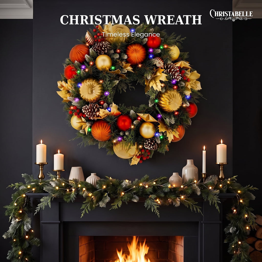 Christabelle 61cm Timeless Elegance Christmas Wreath Pre Lit Multi Function LED Gold Red Baubles Pine Cones Timer Home