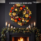 Christabelle 61cm Timeless Elegance Christmas Wreath Pre Lit Multi Function LED Gold Red Baubles Pine Cones Timer Home