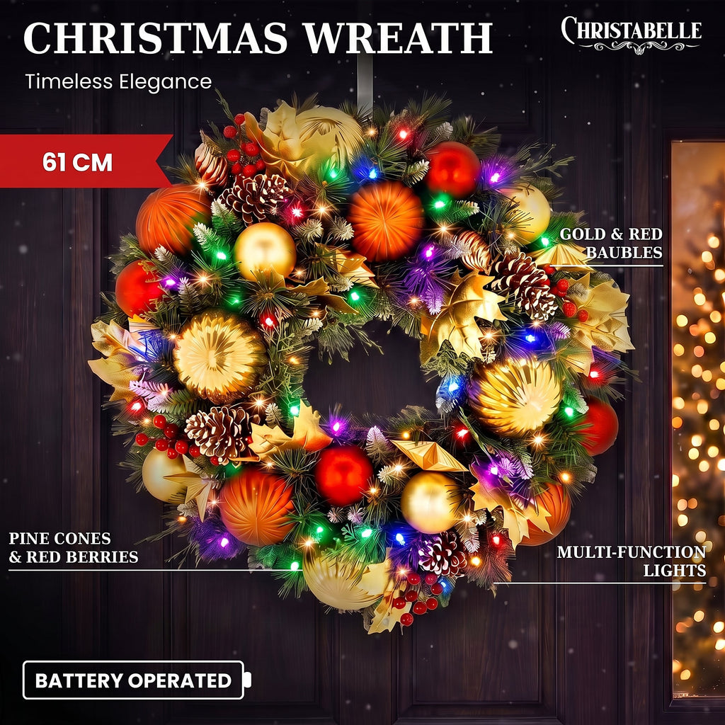 Christabelle 61cm Timeless Elegance Christmas Wreath Pre Lit Multi Function LED Gold Red Baubles Pine Cones Timer Home
