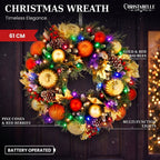 Christabelle 61cm Timeless Elegance Christmas Wreath Pre Lit Multi Function LED Gold Red Baubles Pine Cones Timer Home