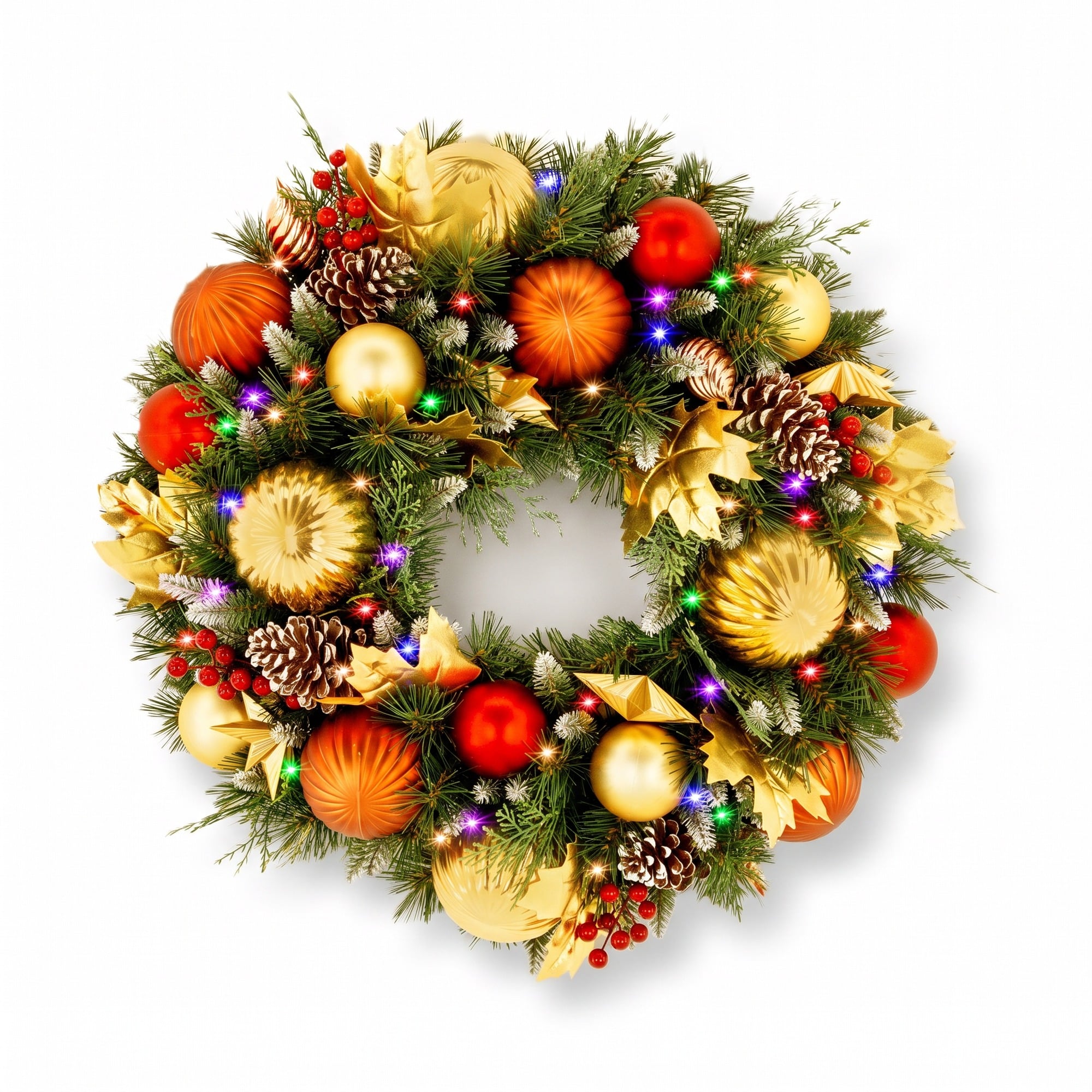 Christabelle 61cm Timeless Elegance Christmas Wreath Pre Lit Multi Function LED Gold Red Baubles Pine Cones Timer Home