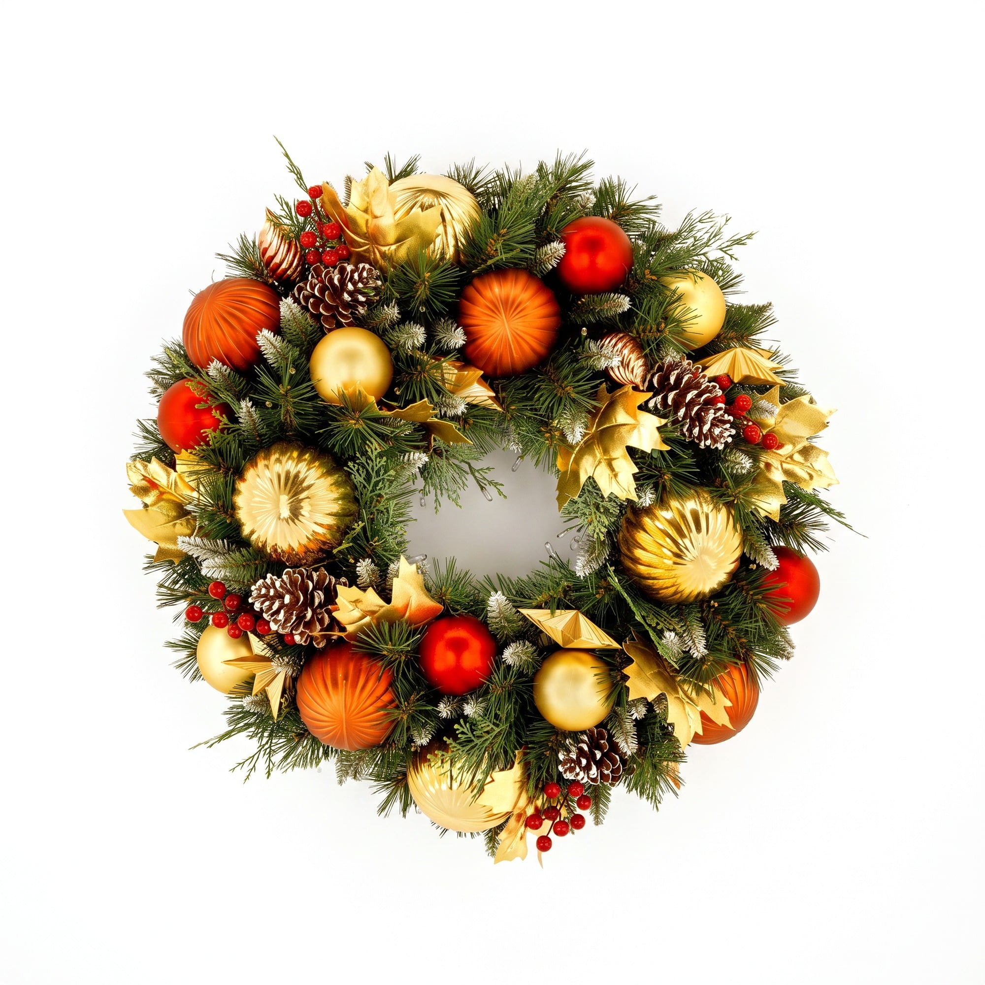 Christabelle 61cm Timeless Elegance Christmas Wreath Pre Lit Multi Function LED Gold Red Baubles Pine Cones Timer Home