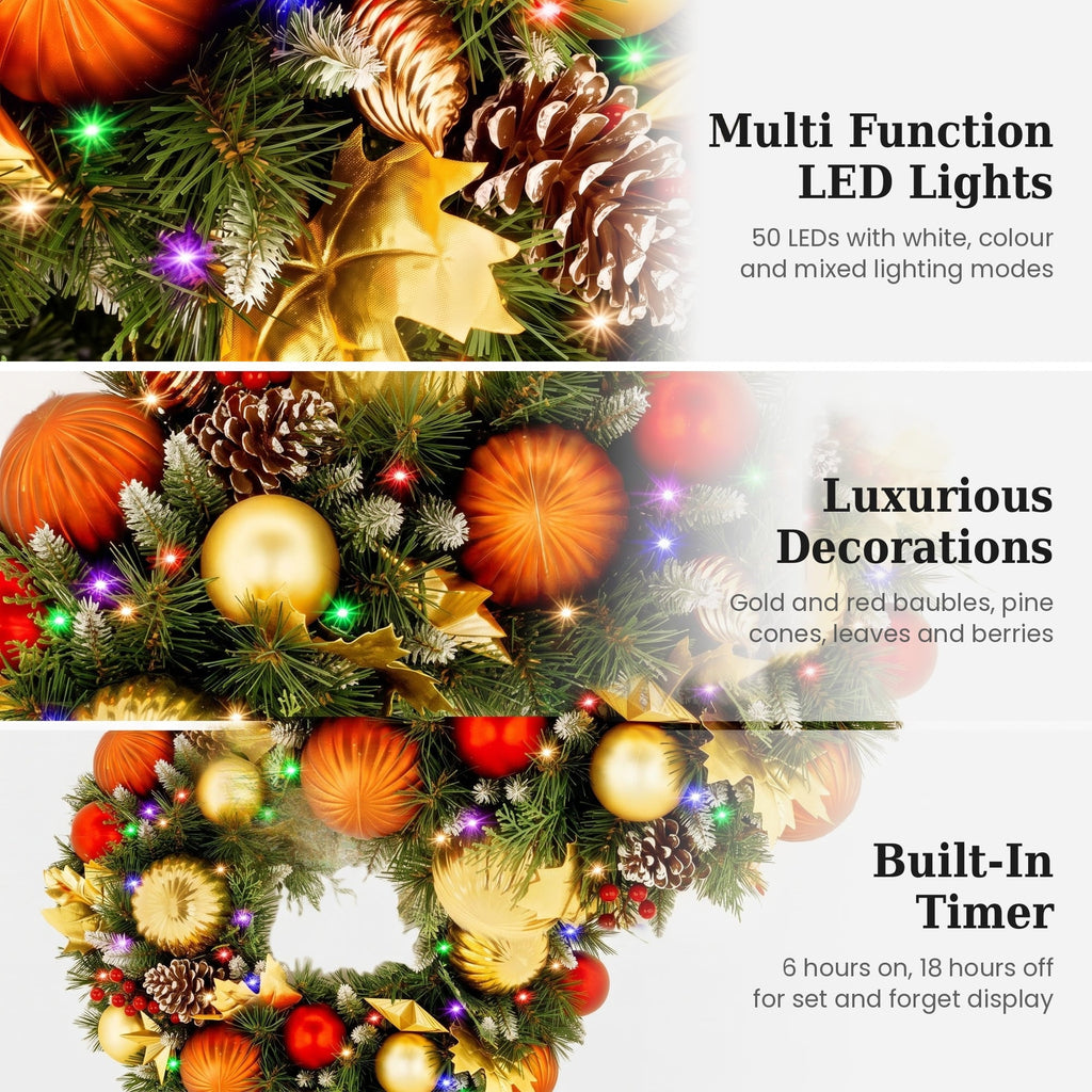 Christabelle 61cm Timeless Elegance Christmas Wreath Pre Lit Multi Function LED Gold Red Baubles Pine Cones Timer Home