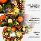 Christabelle 61cm Timeless Elegance Christmas Wreath Pre Lit Multi Function LED Gold Red Baubles Pine Cones Timer Home