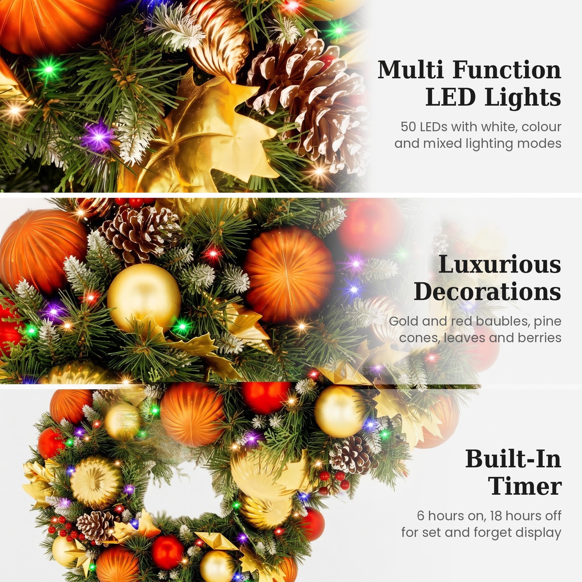Christabelle 61cm Timeless Elegance Christmas Wreath Pre Lit Multi Function LED Gold Red Baubles Pine Cones Timer Home