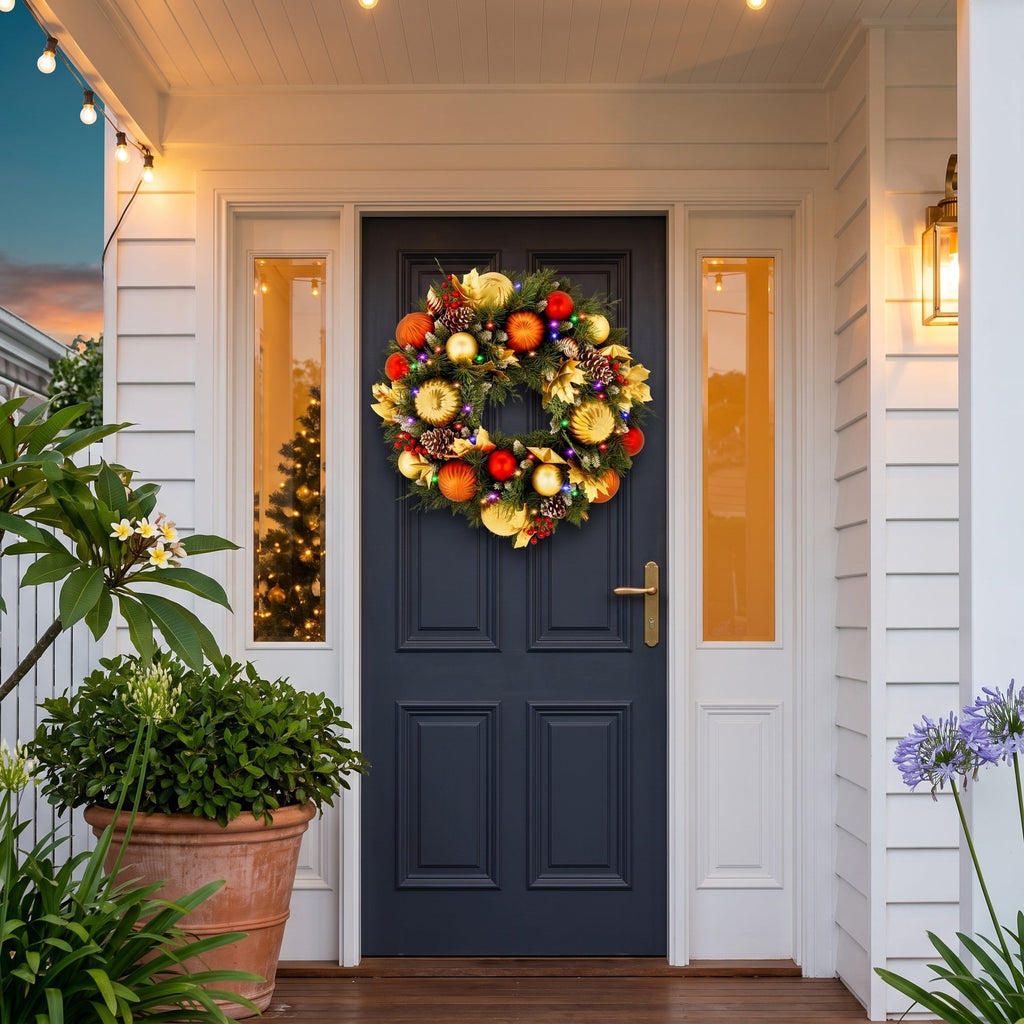Christabelle 61cm Timeless Elegance Christmas Wreath Pre Lit Multi Function LED Gold Red Baubles Pine Cones Timer Home