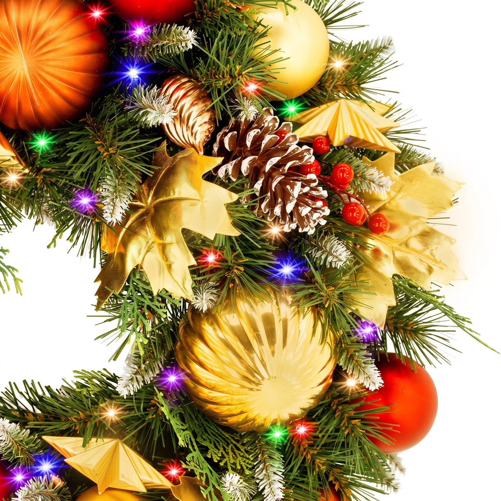 Christabelle 61cm Timeless Elegance Christmas Wreath Pre Lit Multi Function LED Gold Red Baubles Pine Cones Timer Home