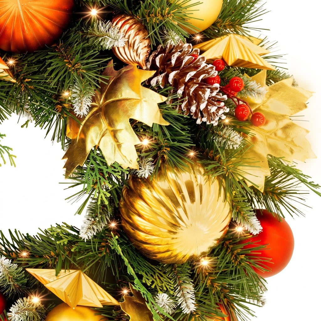 Christabelle 61cm Timeless Elegance Christmas Wreath Pre Lit Multi Function LED Gold Red Baubles Pine Cones Timer Home
