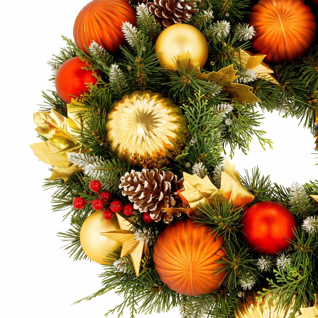 Christabelle 61cm Timeless Elegance Christmas Wreath Pre Lit Multi Function LED Gold Red Baubles Pine Cones Timer Home