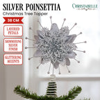 Christabelle Christmas Tree Topper Poinsettia Decoration Ornament Shimmering Silver Glittered Petals
