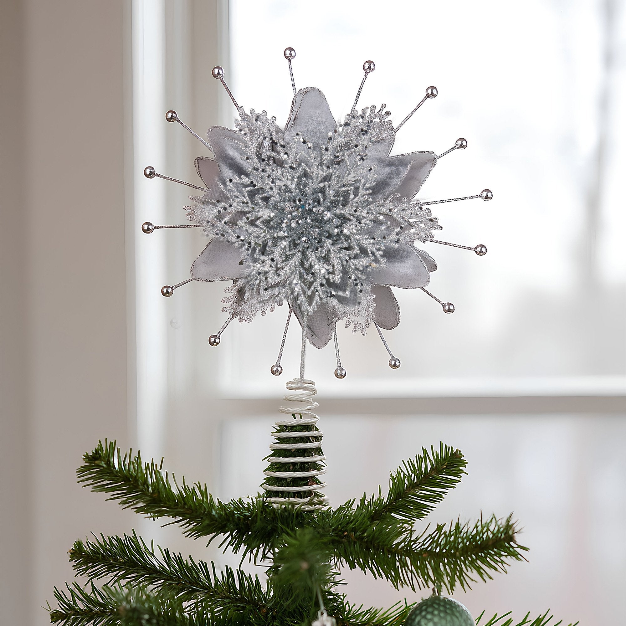 Christabelle Christmas Tree Topper Poinsettia Decoration Ornament Shimmering Silver Glittered Petals
