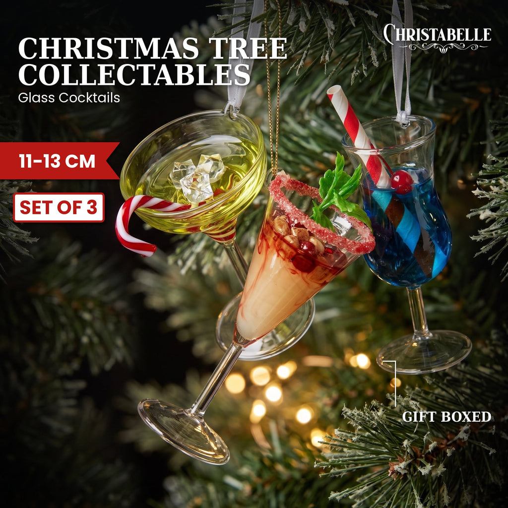 Christabelle 3 Glass Cocktail Christmas Ornaments Assorted Novelty 13cm Xmas Tree Decorations Hanging Baubles