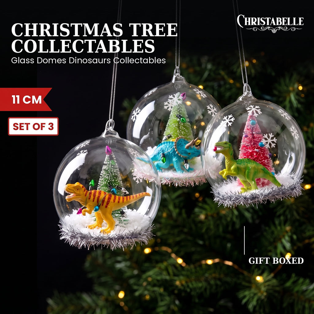 Christabelle 3 Glass Dome Christmas Ornaments Dinosaur Novelty Figures 11cm Xmas Tree Decorations Hanging Baubles