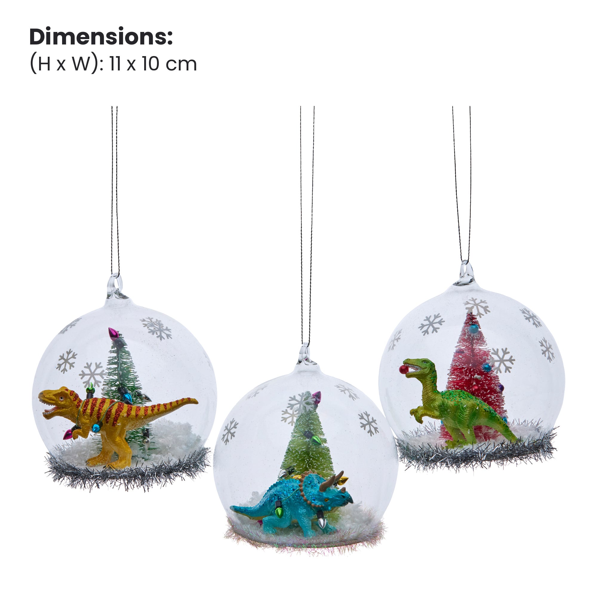 Christabelle 3 Glass Dome Christmas Ornaments Dinosaur Novelty Figures 11cm Xmas Tree Decorations Hanging Baubles