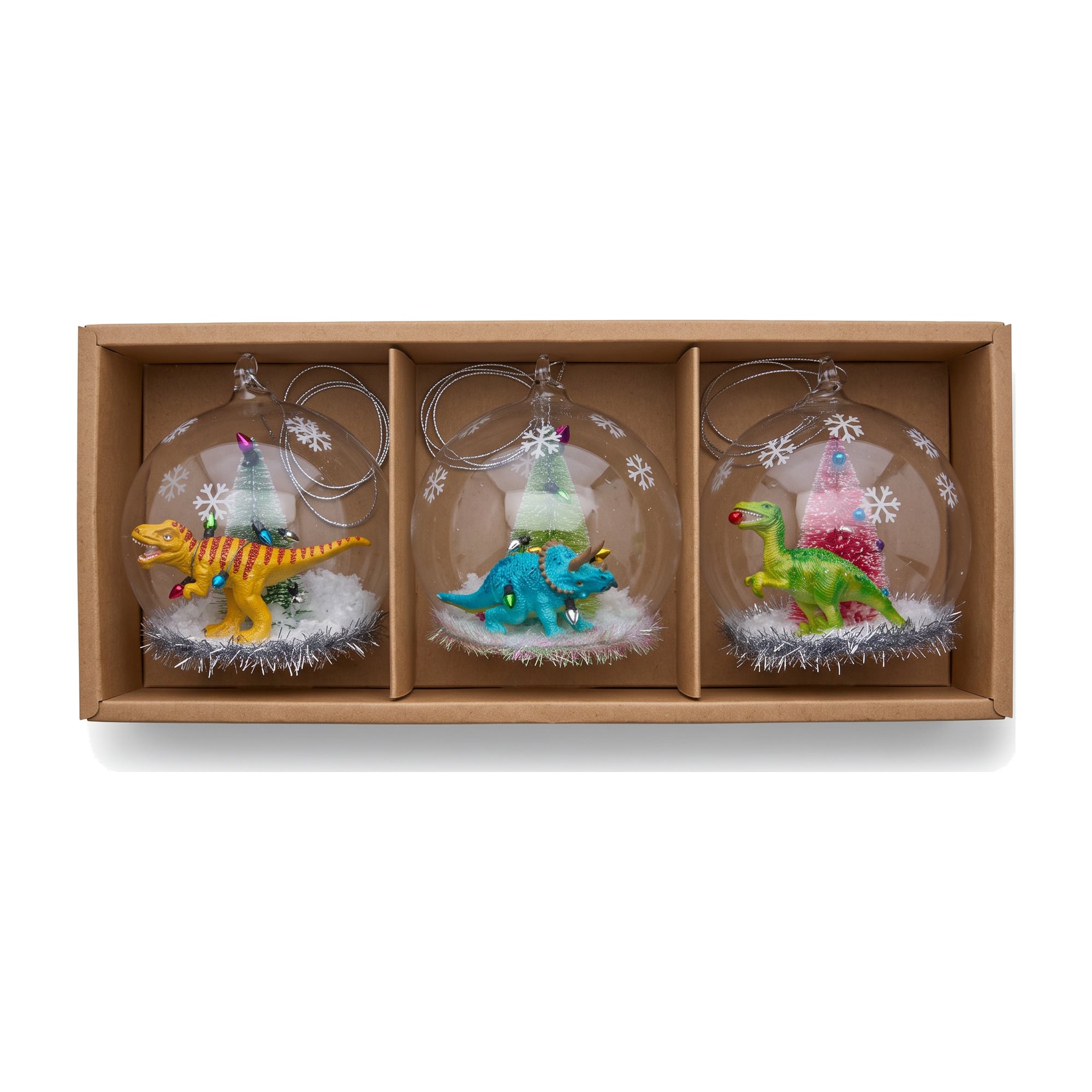 Christabelle 3 Glass Dome Christmas Ornaments Dinosaur Novelty Figures 11cm Xmas Tree Decorations Hanging Baubles