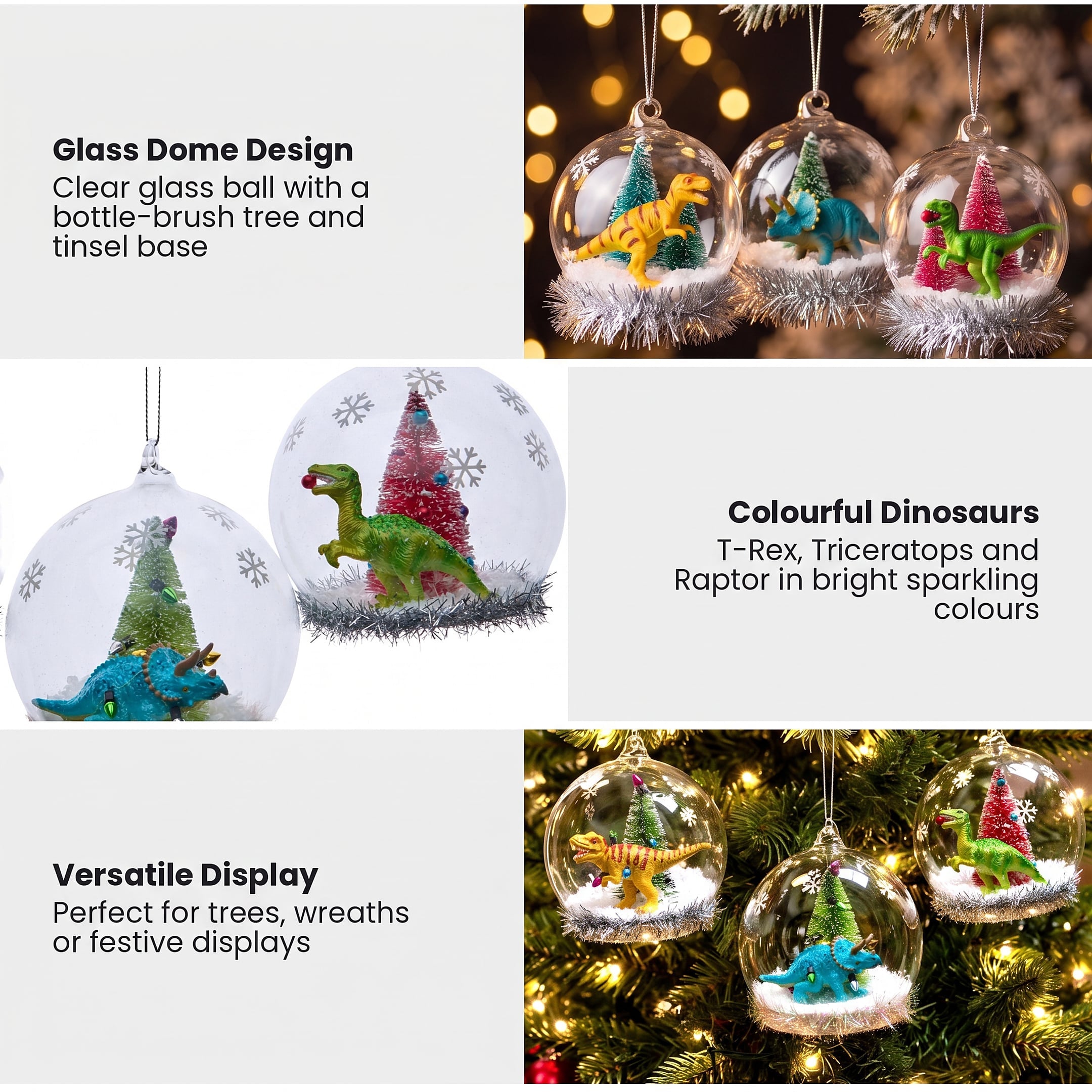 Christabelle 3 Glass Dome Christmas Ornaments Dinosaur Novelty Figures 11cm Xmas Tree Decorations Hanging Baubles