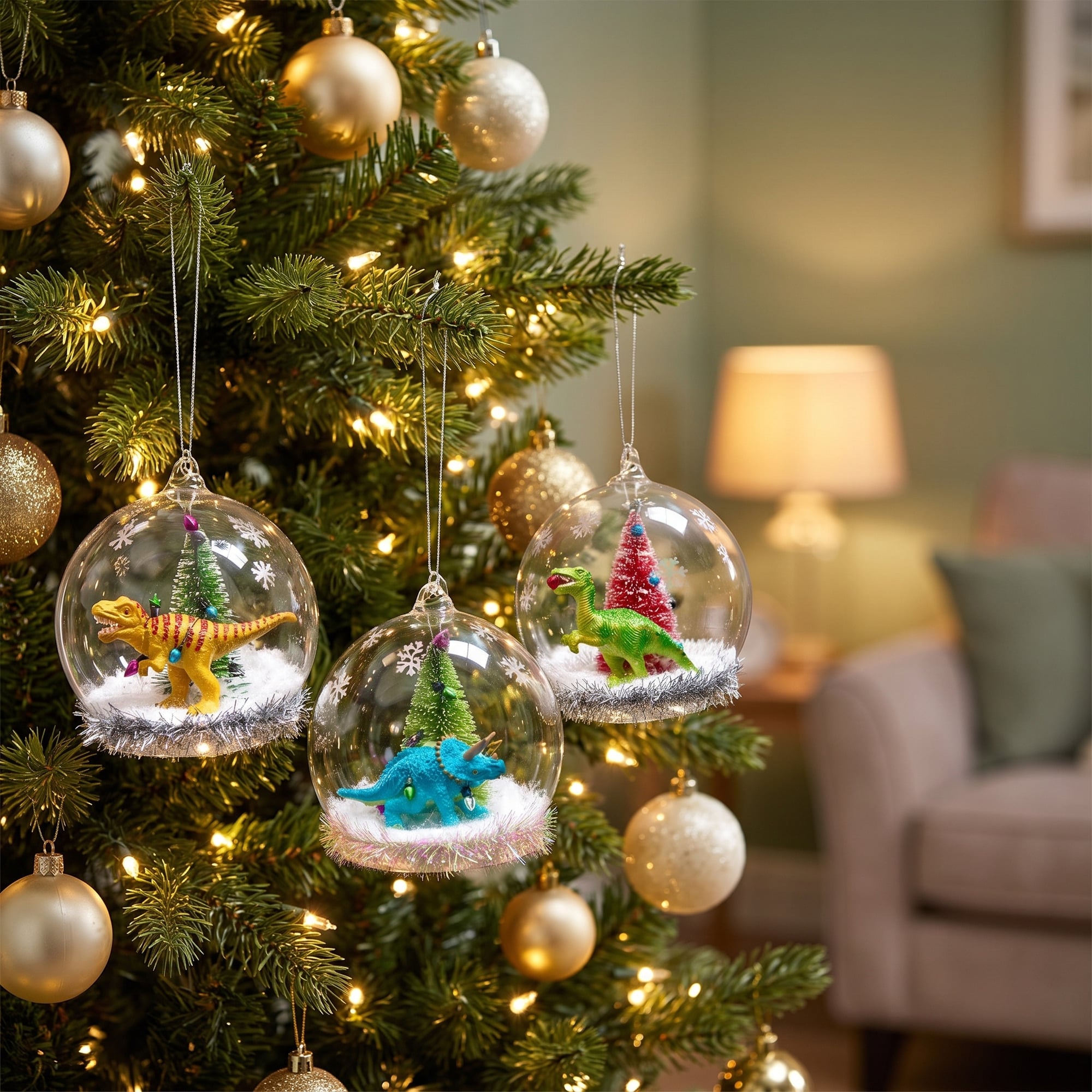 Christabelle 3 Glass Dome Christmas Ornaments Dinosaur Novelty Figures 11cm Xmas Tree Decorations Hanging Baubles