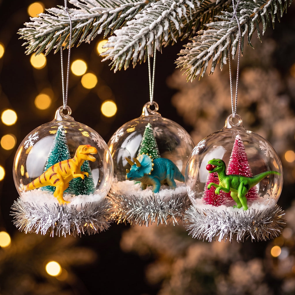 Christabelle 3 Glass Dome Christmas Ornaments Dinosaur Novelty Figures 11cm Xmas Tree Decorations Hanging Baubles