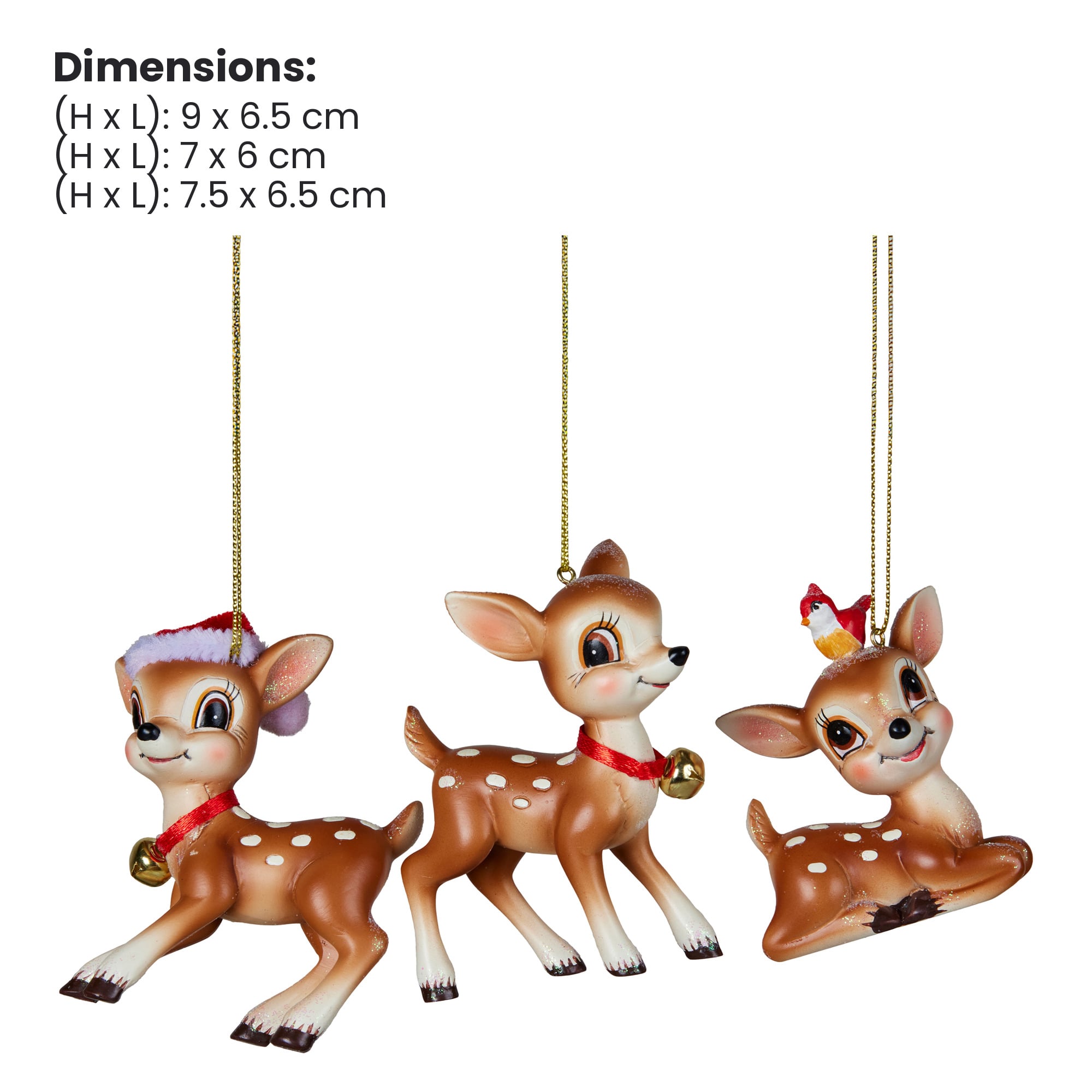 Christabelle 3 Reindeer Christmas Ornaments Assorted Cute Novelty Figures 9cm Xmas Tree Decorations Hanging Baubles