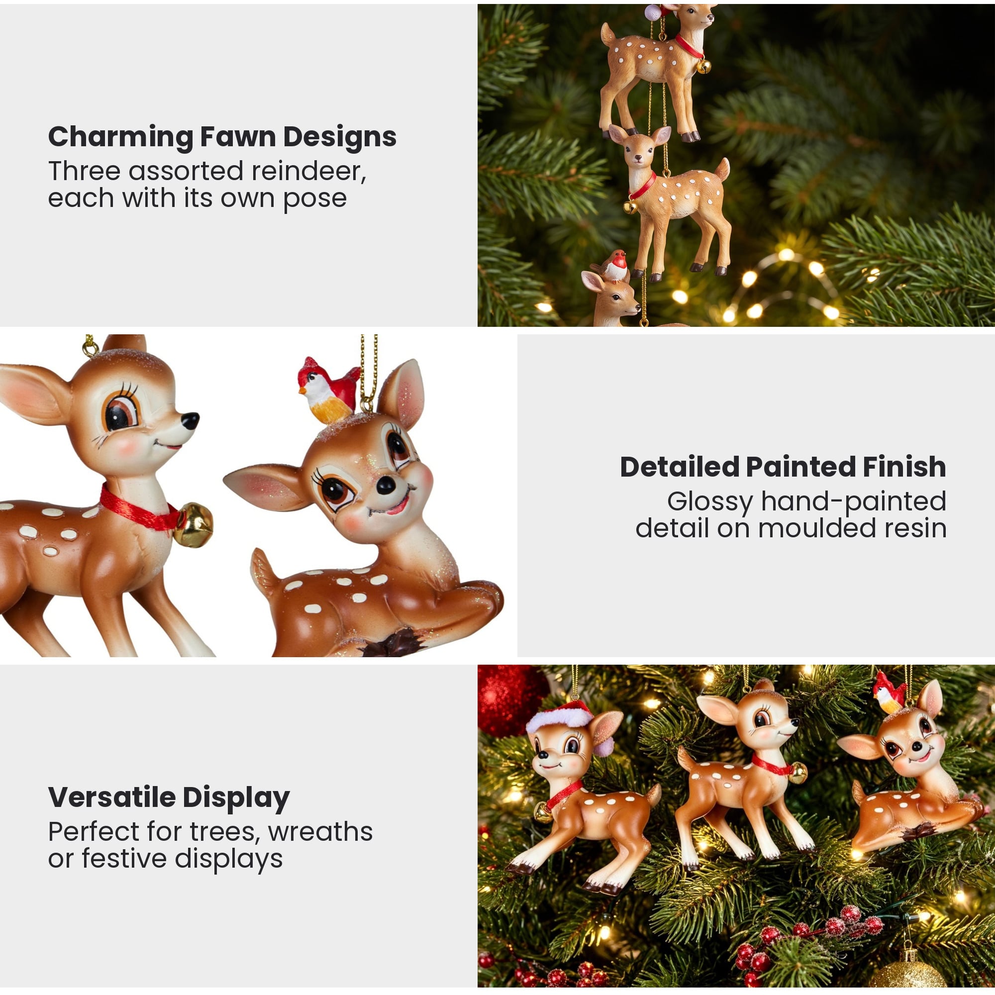 Christabelle 3 Reindeer Christmas Ornaments Assorted Cute Novelty Figures 9cm Xmas Tree Decorations Hanging Baubles
