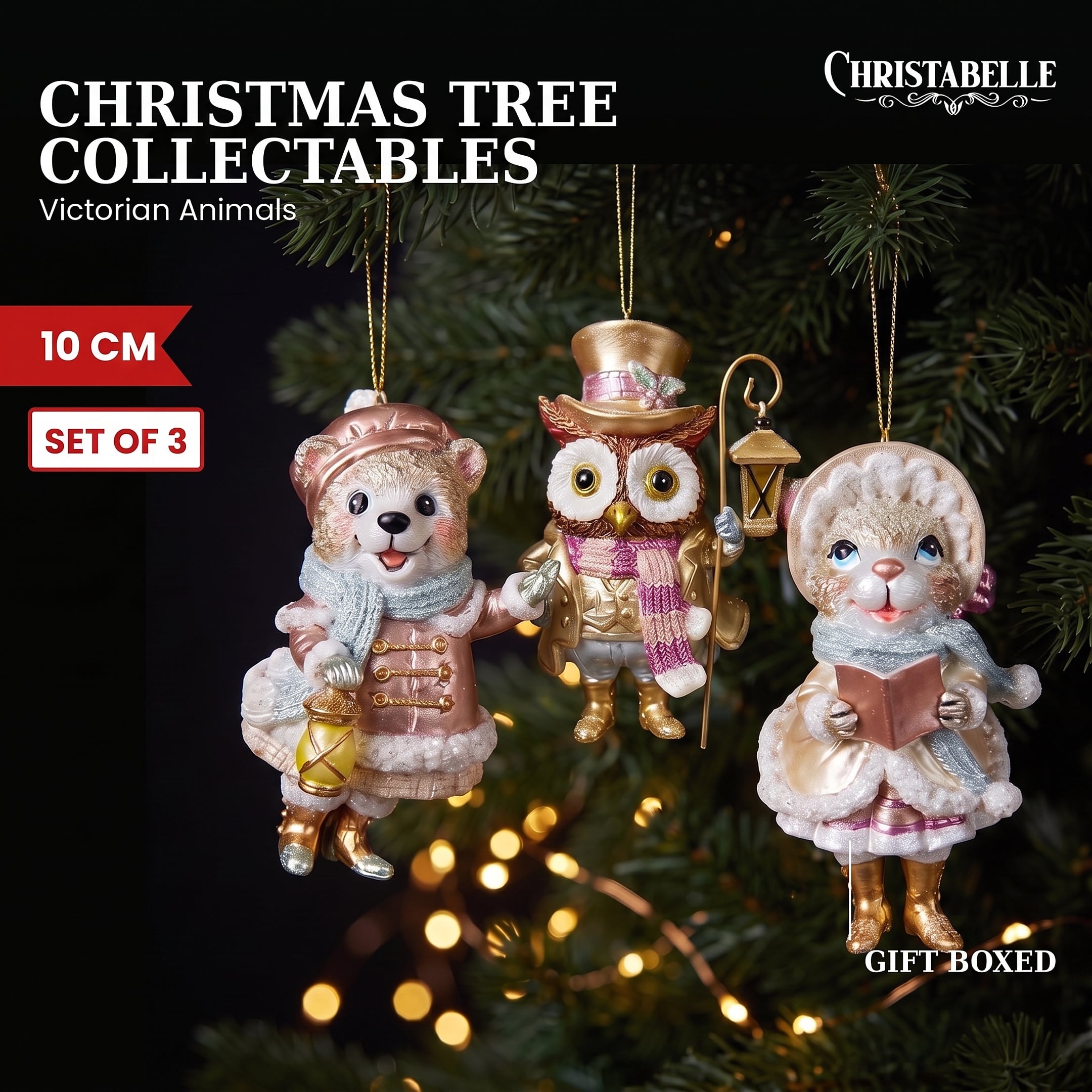 Christabelle 3 Victorian Animal Christmas Ornaments Assorted Novelty 10cm Xmas Tree Decorations Hanging Baubles