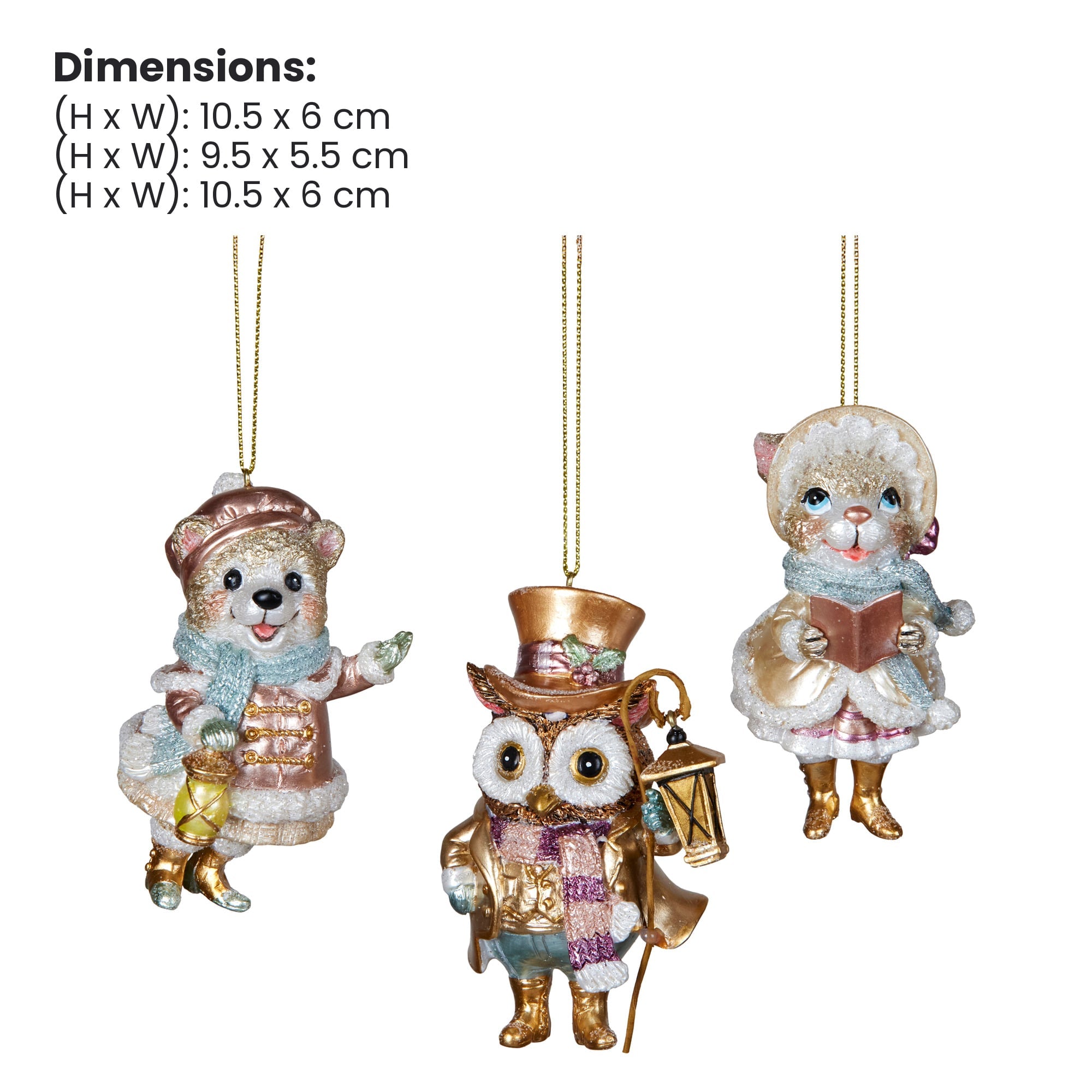 Christabelle 3 Victorian Animal Christmas Ornaments Assorted Novelty 10cm Xmas Tree Decorations Hanging Baubles