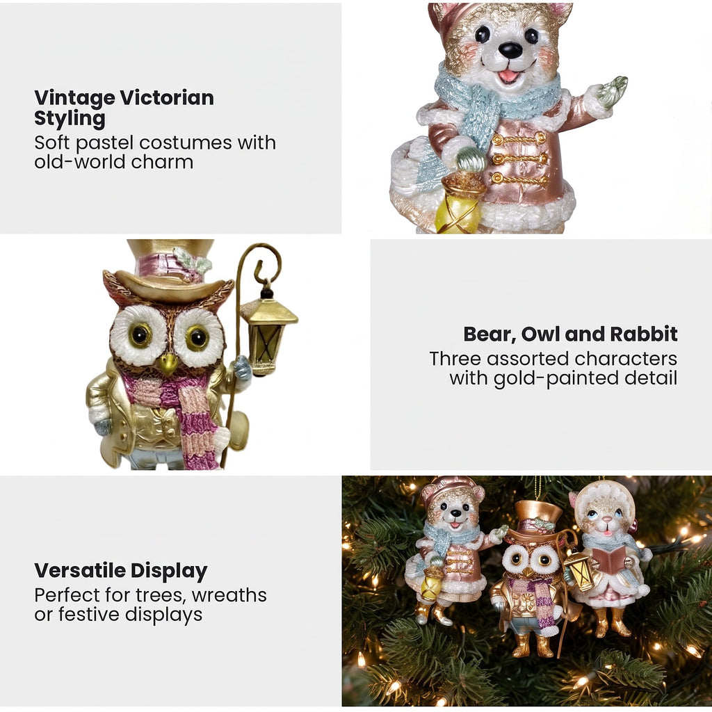 Christabelle 3 Victorian Animal Christmas Ornaments Assorted Novelty 10cm Xmas Tree Decorations Hanging Baubles