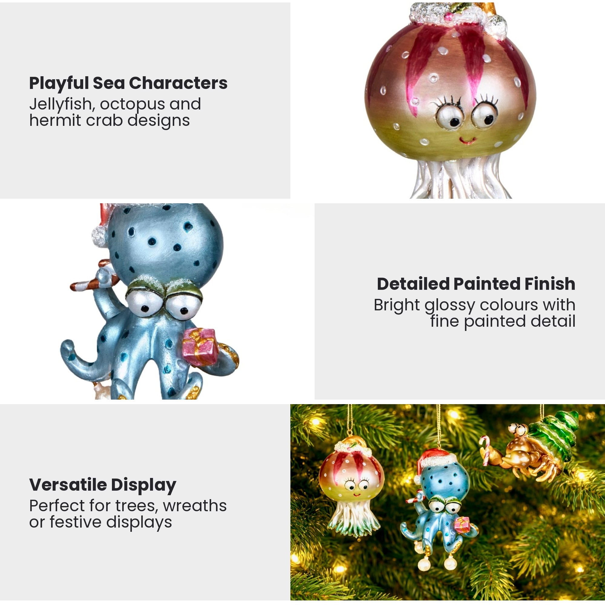 Christabelle 3 Sea Animal Christmas Ornaments Assorted Novelty Figures 7.5cm Xmas Tree Decorations Hanging Baubles