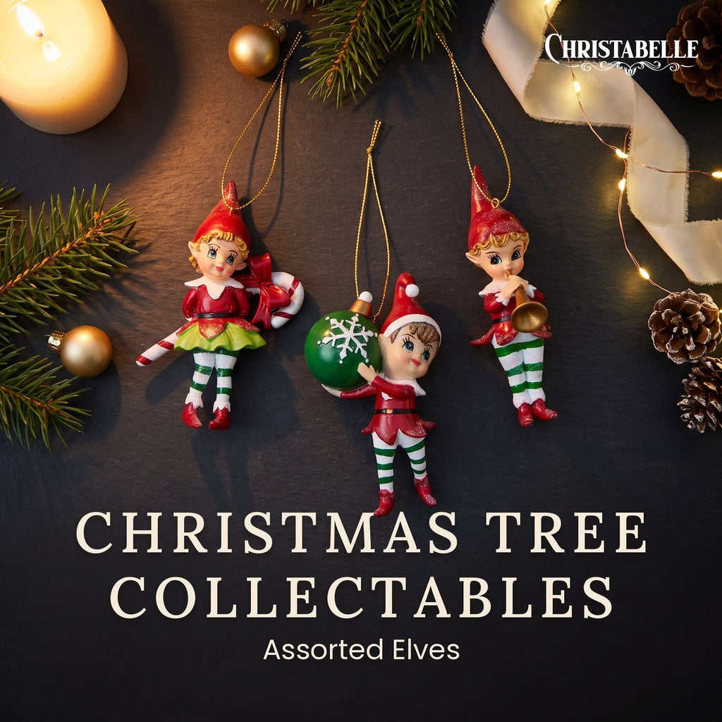 Christabelle 3 Elf Christmas Ornaments Assorted Novelty Figures 10.5cm Xmas Tree Decorations Hanging Baubles
