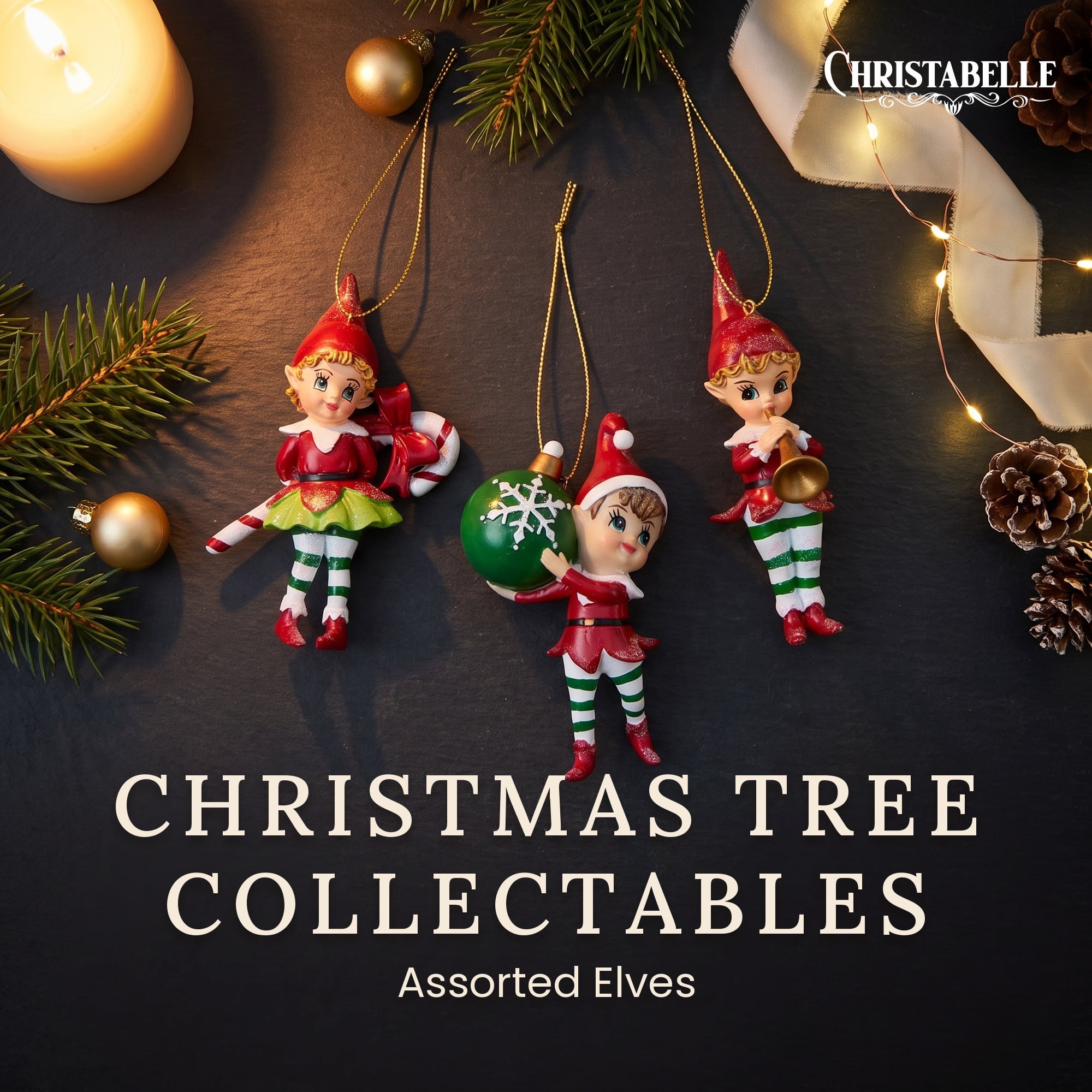Christabelle 3 Elf Christmas Ornaments Assorted Novelty Figures 10.5cm Xmas Tree Decorations Hanging Baubles