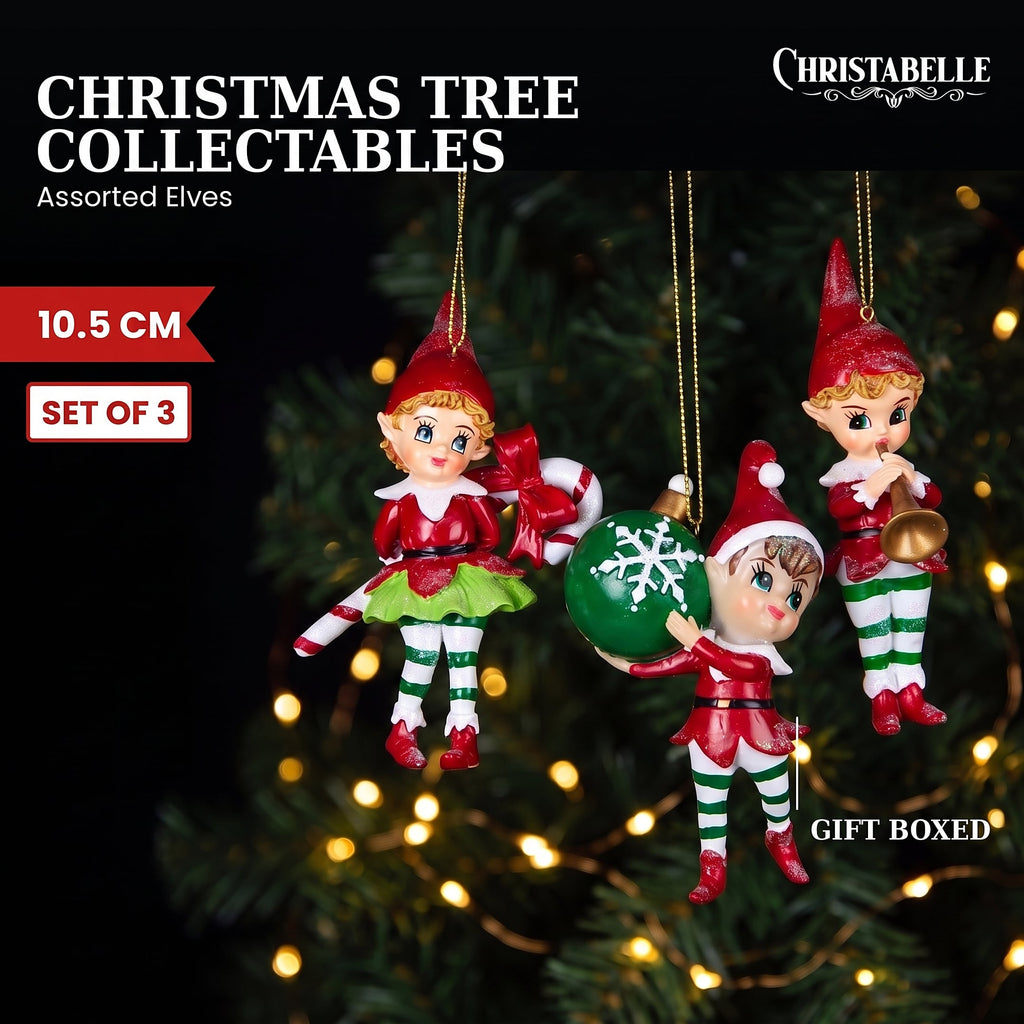 Christabelle 3 Elf Christmas Ornaments Assorted Novelty Figures 10.5cm Xmas Tree Decorations Hanging Baubles