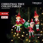 Christabelle 3 Elf Christmas Ornaments Assorted Novelty Figures 10.5cm Xmas Tree Decorations Hanging Baubles