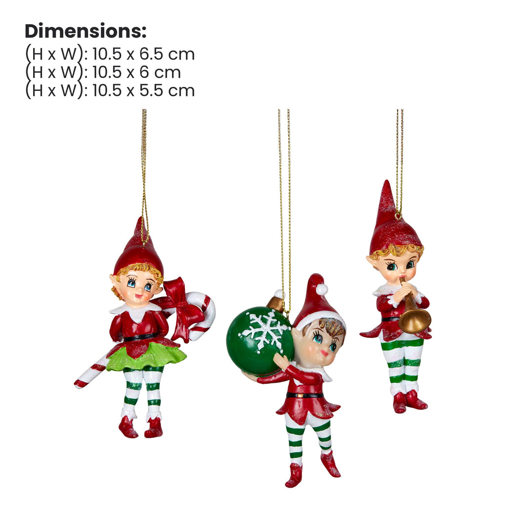 Christabelle 3 Elf Christmas Ornaments Assorted Novelty Figures 10.5cm Xmas Tree Decorations Hanging Baubles