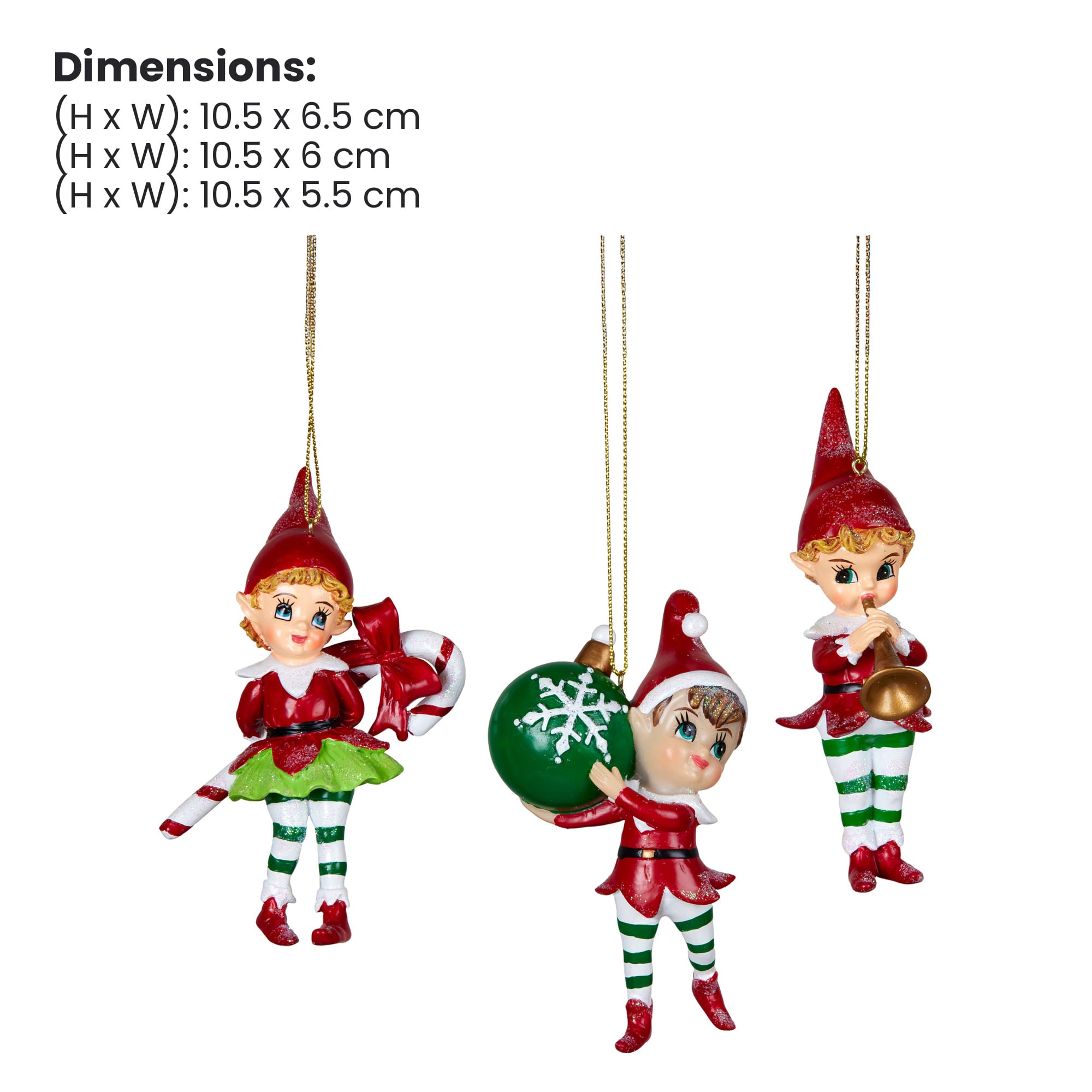 Christabelle 3 Elf Christmas Ornaments Assorted Novelty Figures 10.5cm Xmas Tree Decorations Hanging Baubles