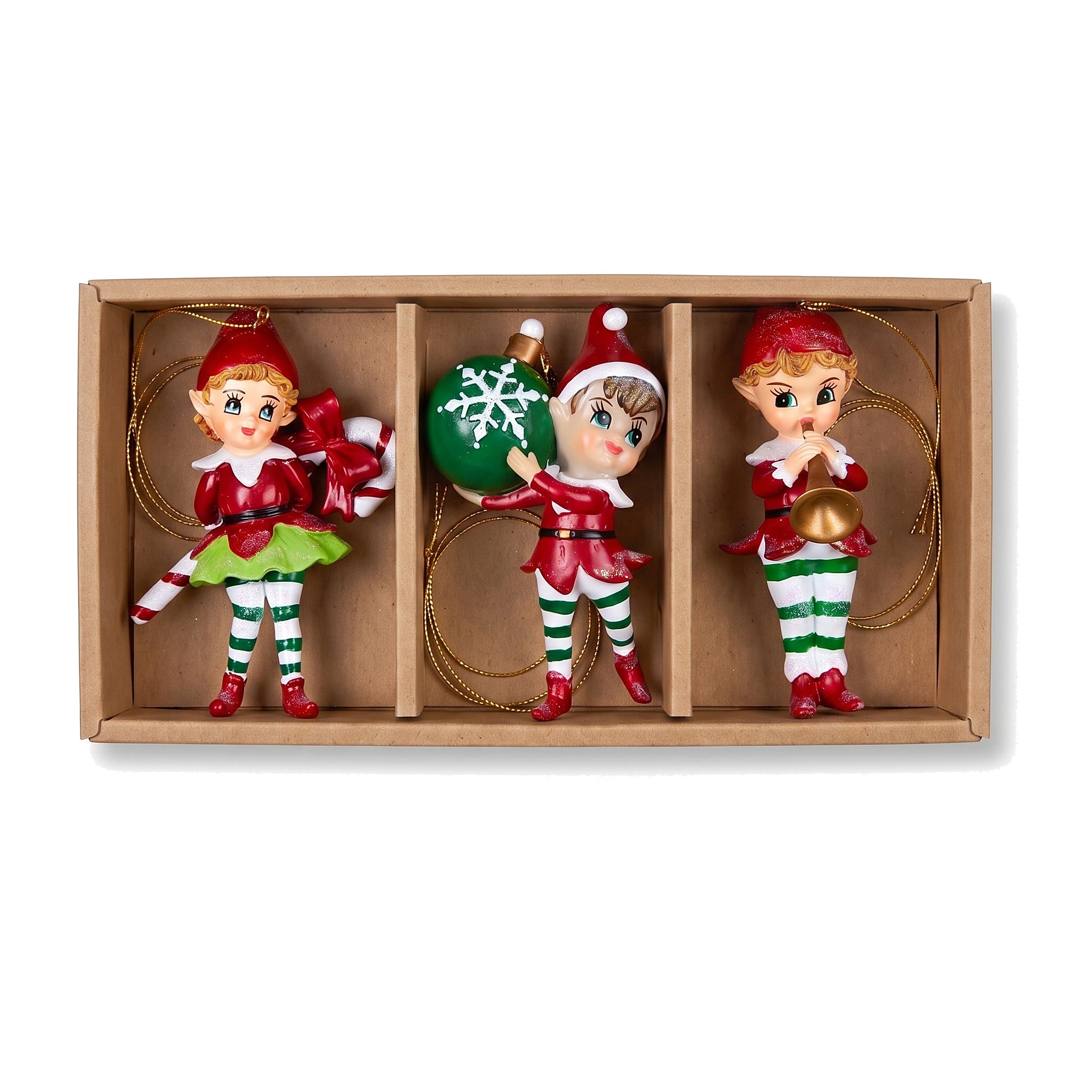 Christabelle 3 Elf Christmas Ornaments Assorted Novelty Figures 10.5cm Xmas Tree Decorations Hanging Baubles