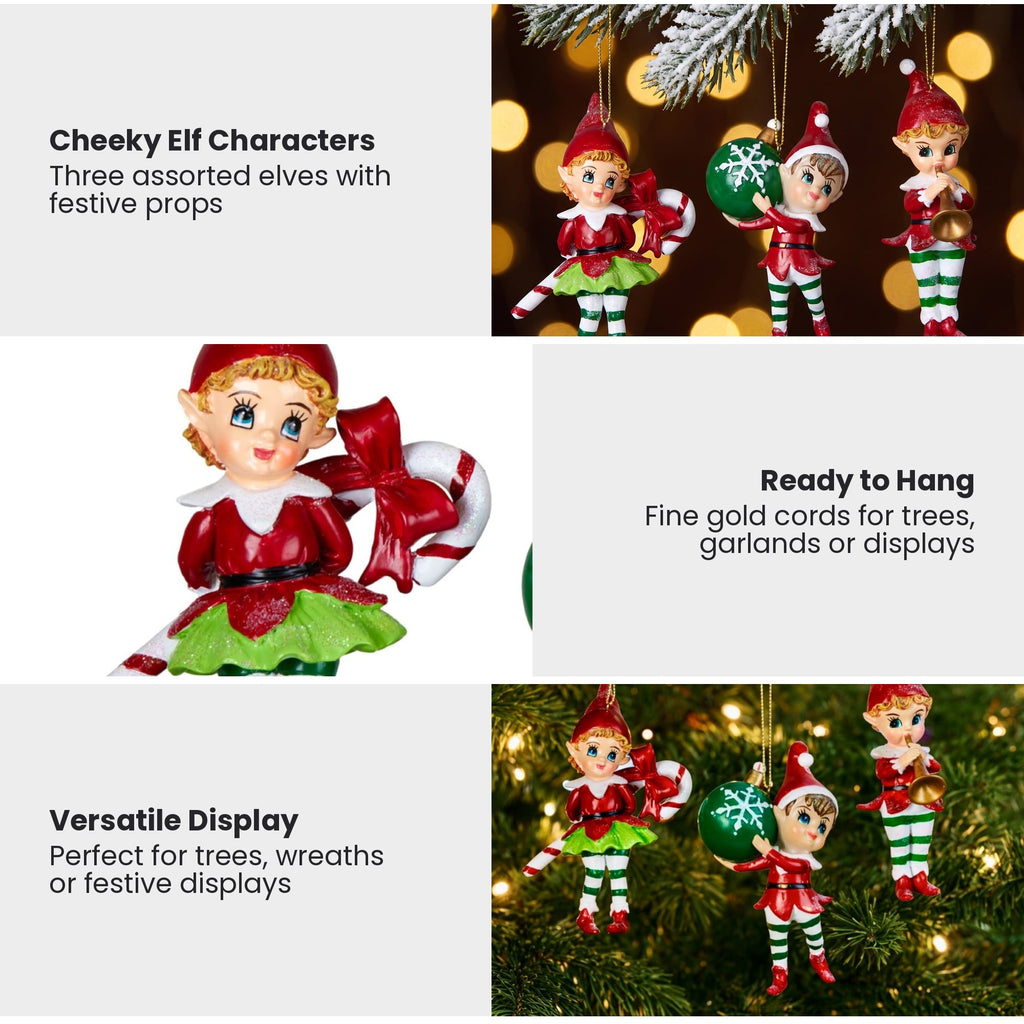 Christabelle 3 Elf Christmas Ornaments Assorted Novelty Figures 10.5cm Xmas Tree Decorations Hanging Baubles