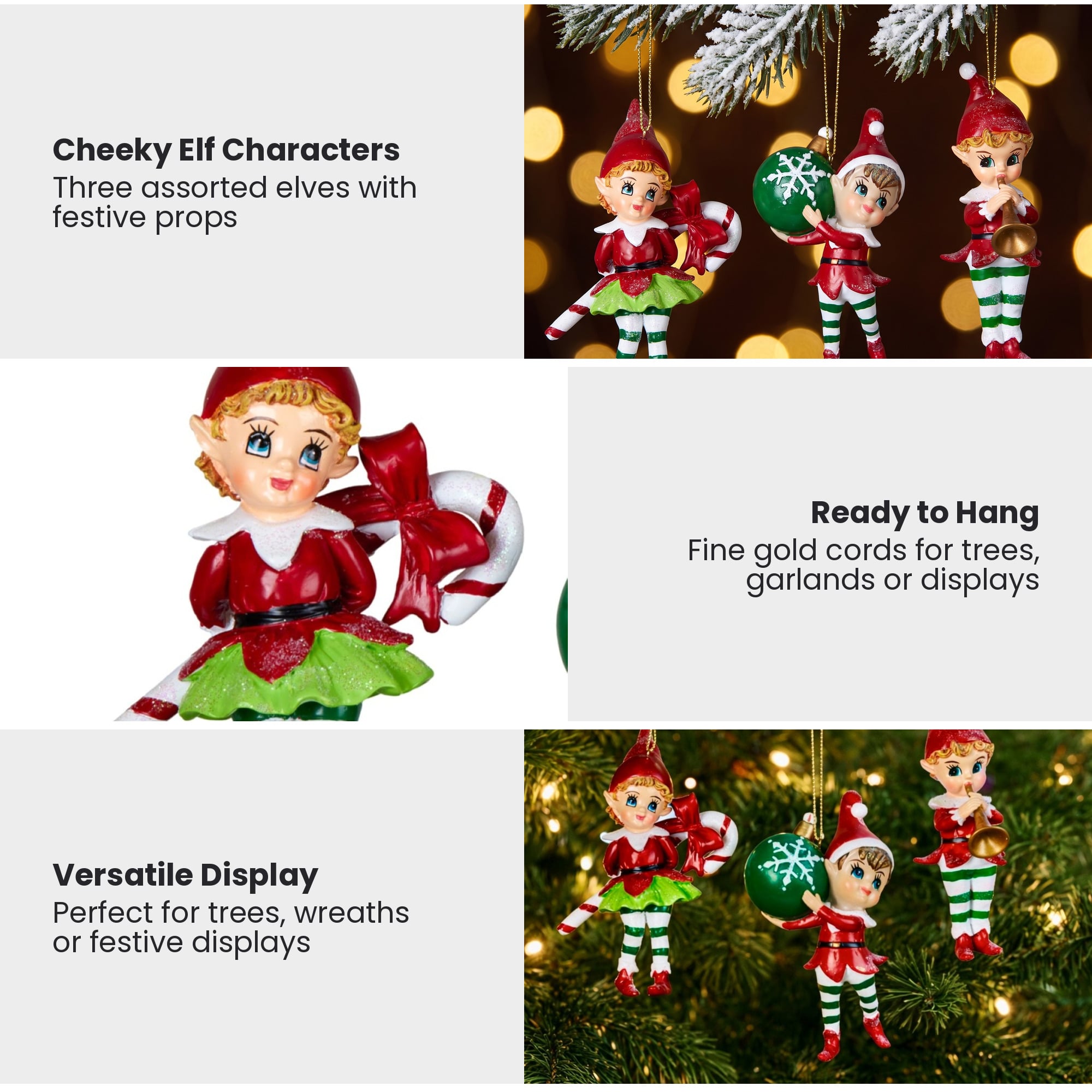 Christabelle 3 Elf Christmas Ornaments Assorted Novelty Figures 10.5cm Xmas Tree Decorations Hanging Baubles