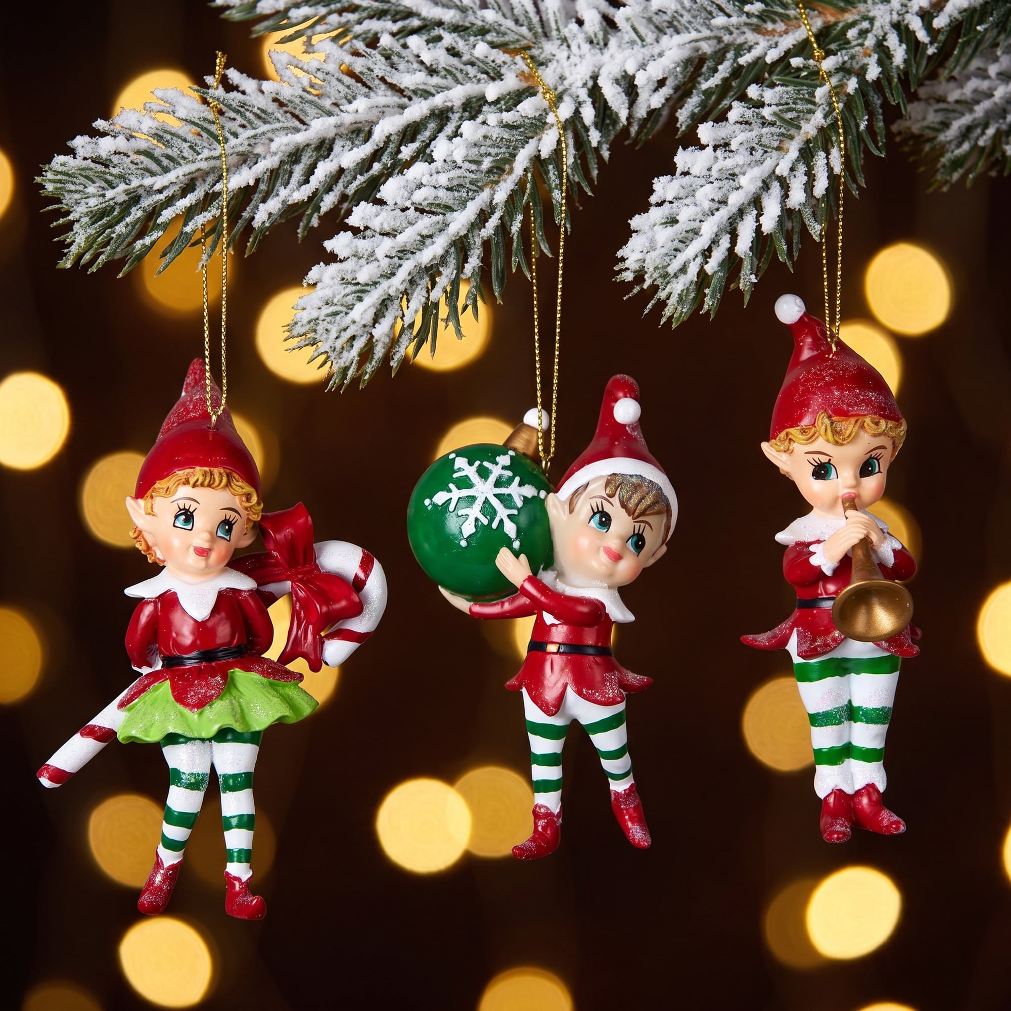 Christabelle 3 Elf Christmas Ornaments Assorted Novelty Figures 10.5cm Xmas Tree Decorations Hanging Baubles