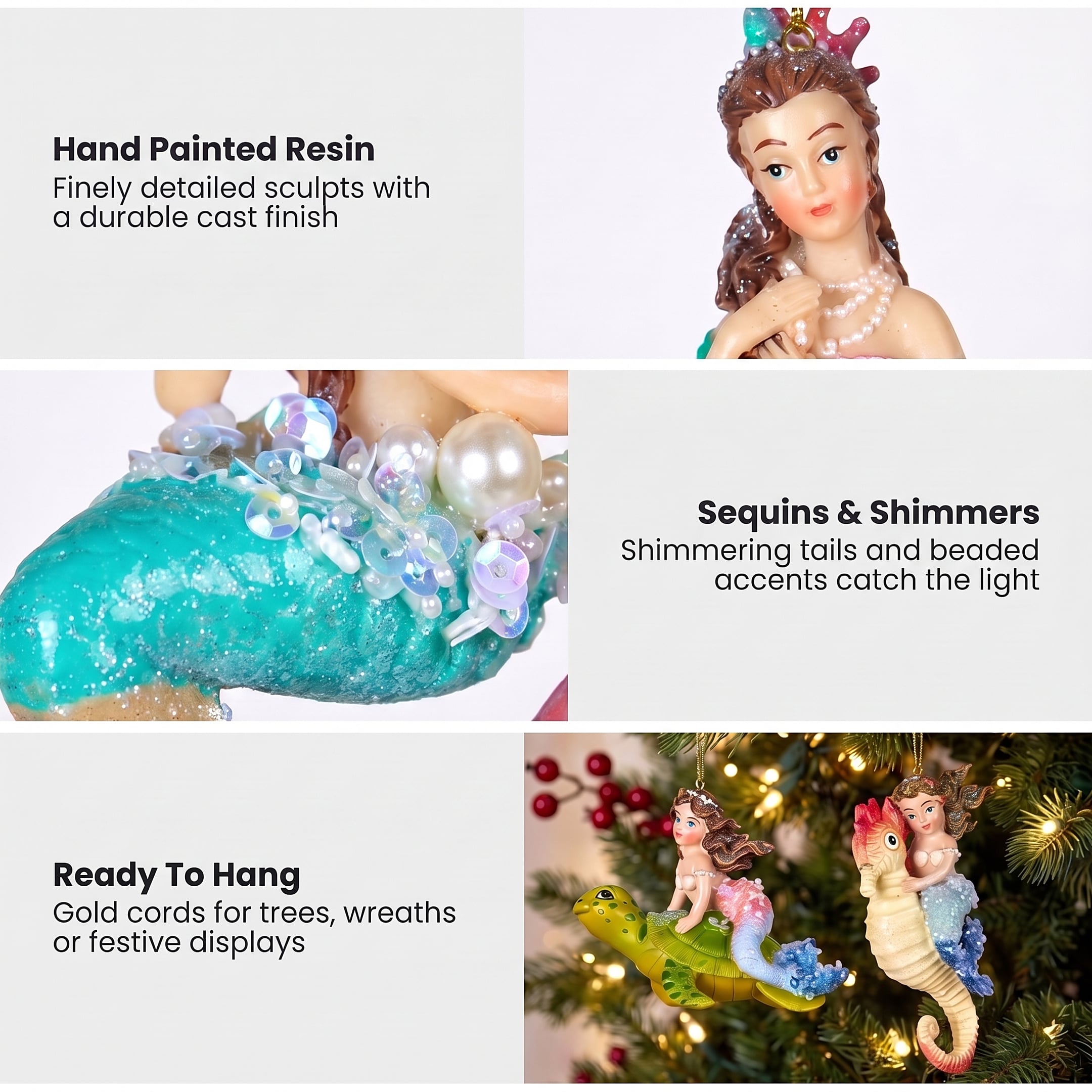 Christabelle 3 Mermaid Christmas Ornaments Assorted Novelty Figures 13cm Xmas Tree Decorations Hanging Baubles