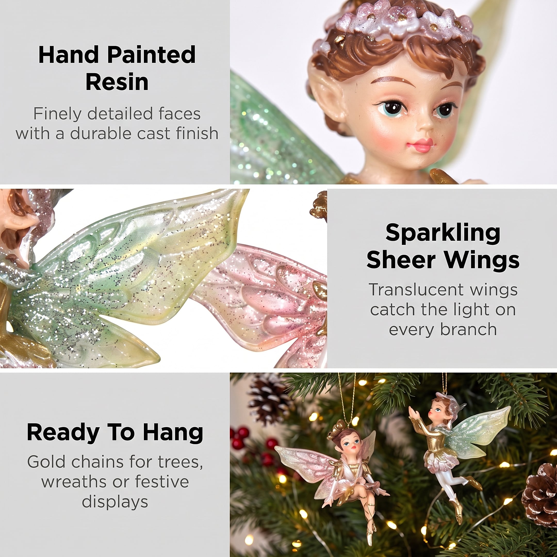 Christabelle 3 Fairy Christmas Ornaments Assorted Novelty Figures 10cm Xmas Tree Decorations Hanging Baubles