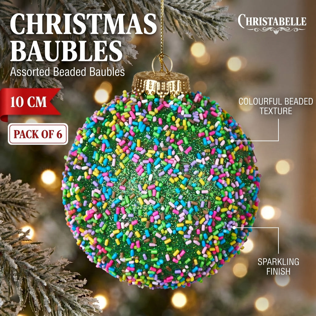 Christabelle 6 Beaded Glass Christmas Baubles Assorted 10cm Xmas Tree Decorations Hanging Ornaments Gift Boxed Set